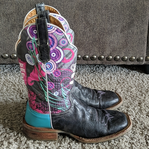 CINCH Edge "QUEENISM" black marbled leather cowgirl western boots square toe sz7 - Picture 4 of 16